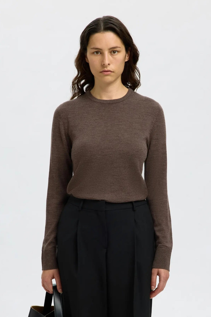 Brown merino wool crew-neck long-sleeve fitted knit sweater on female model
