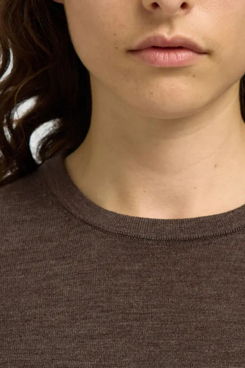 Dark brown merino wool knit top with ribbed crew neck, close-up view
