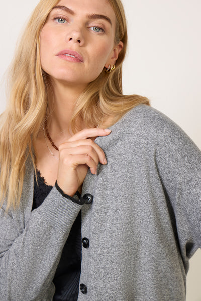 Grey heathered knit cardigan with black buttons, worn over black lace camisole