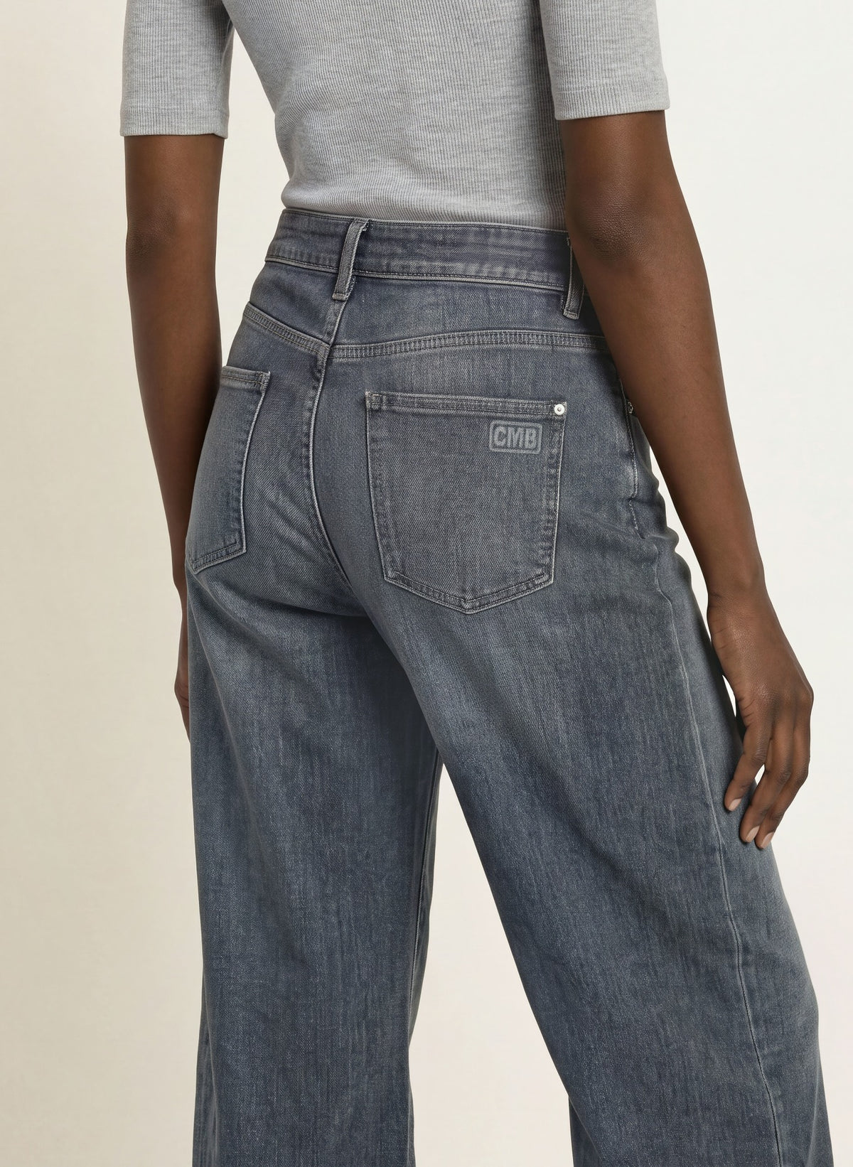 CAMBIO wide-leg dark grey washed jeans with CMB logo patch, back view