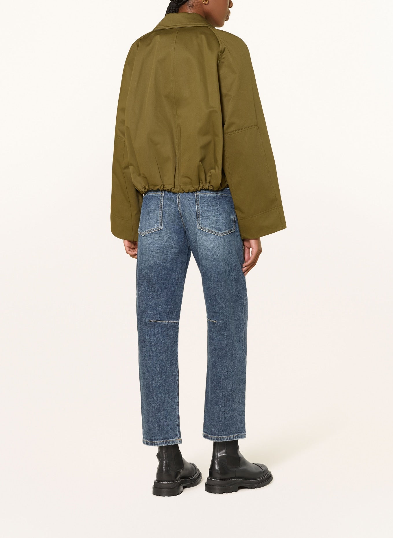 CAMBIO OCEAN straight-leg blue distressed jeans, back view, worn with olive jacket