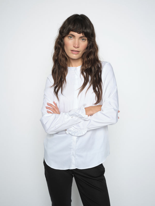 Mos Mosh Mattie Flip Shirt in white with ruffle cuffs and collarless neckline