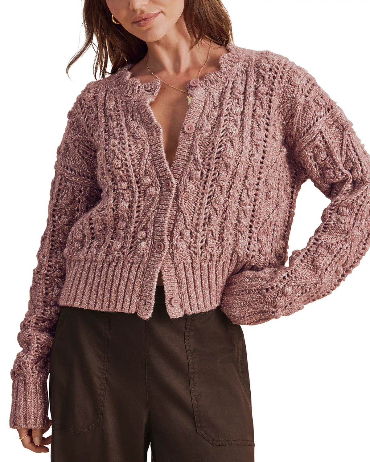 Splendid Hartford mauve pink cable knit bobble cropped cardigan with button front