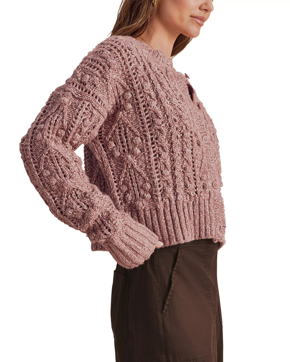 Splendid Hartford dusty rose cable-knit bobble cardigan with button front closure