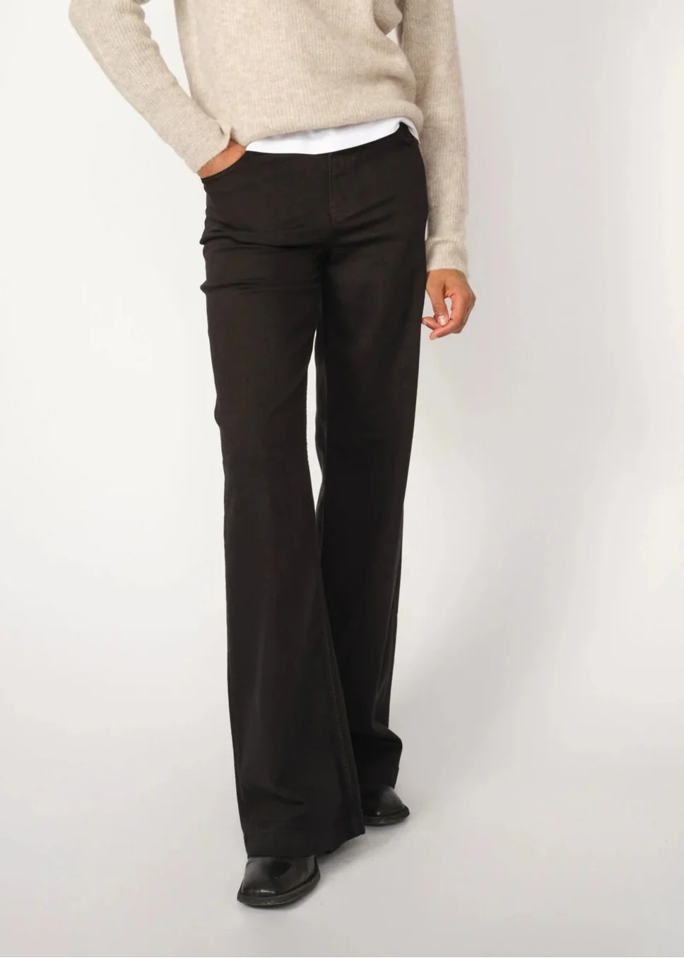 Mos Mosh Dara Deluxe black wide-leg trousers with smooth fabric and clean waistband