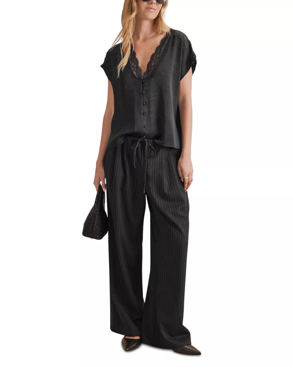 Splendid black satin short-sleeve top with lace V-neckline trim and button front