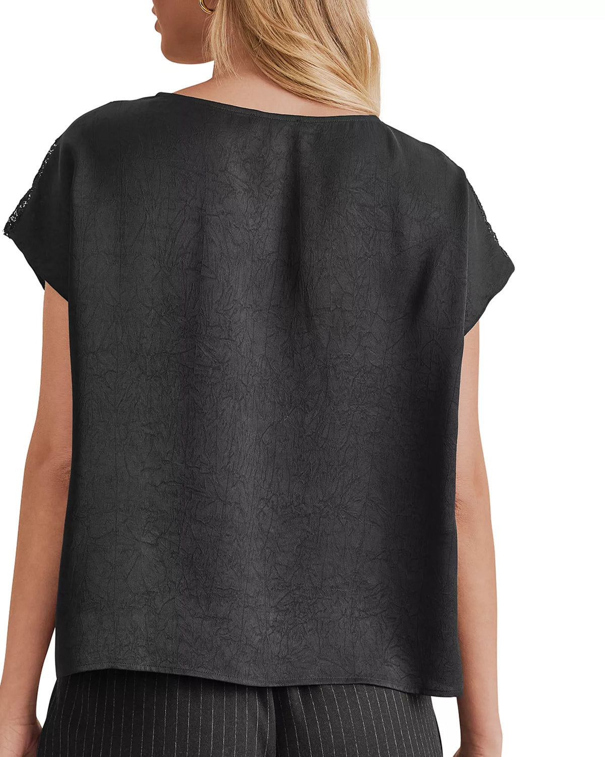 Splendid Adalyn black crinkle satin top with lace trim cap sleeves, back view