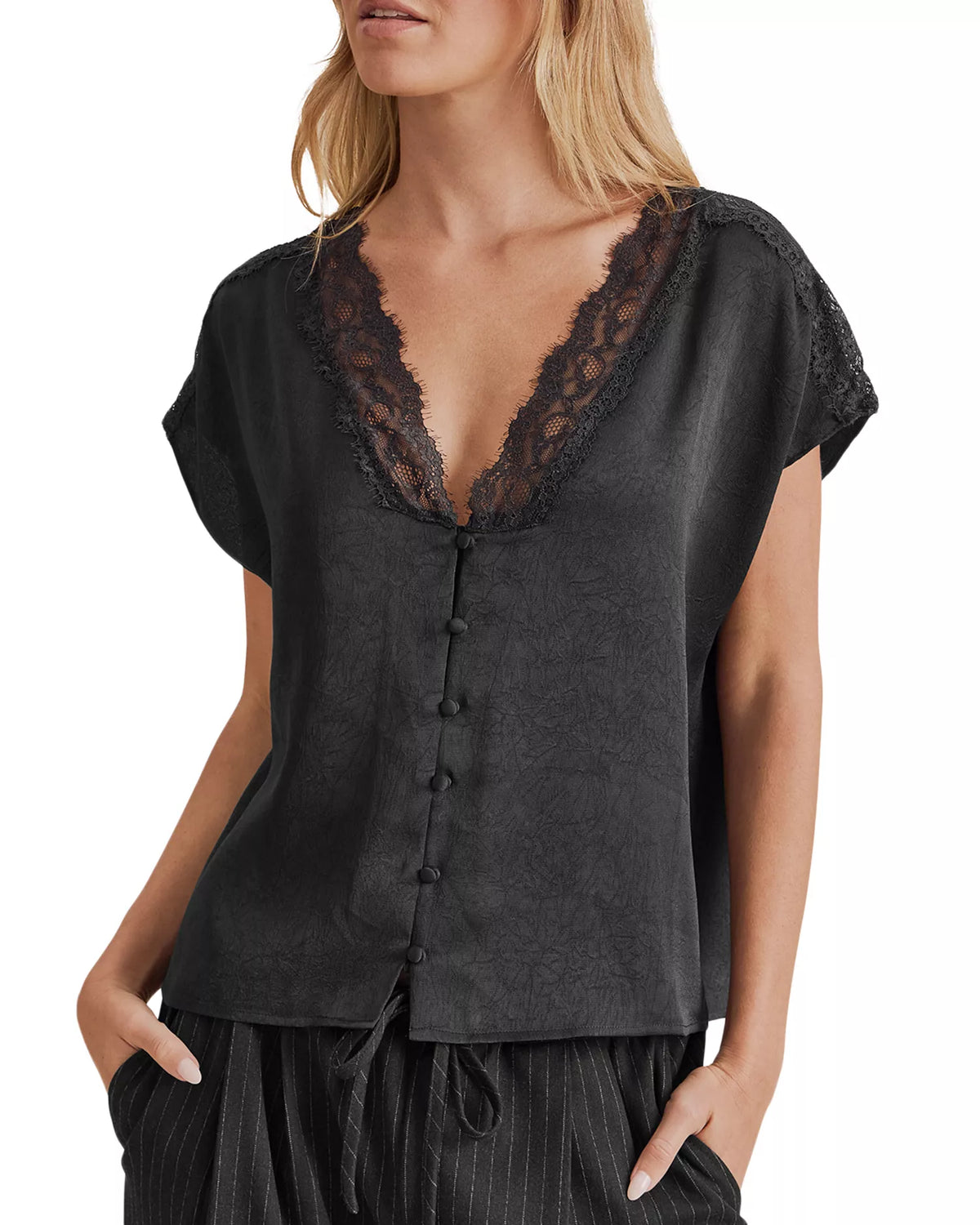 Splendid black satin button-front top with deep V-neck lace trim and cap sleeves