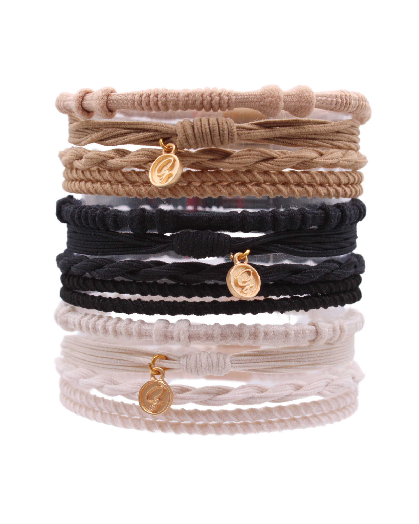 Gypsea Bands Hairtie Tulum set in tan, black, and cream woven hair ties with gold charms
