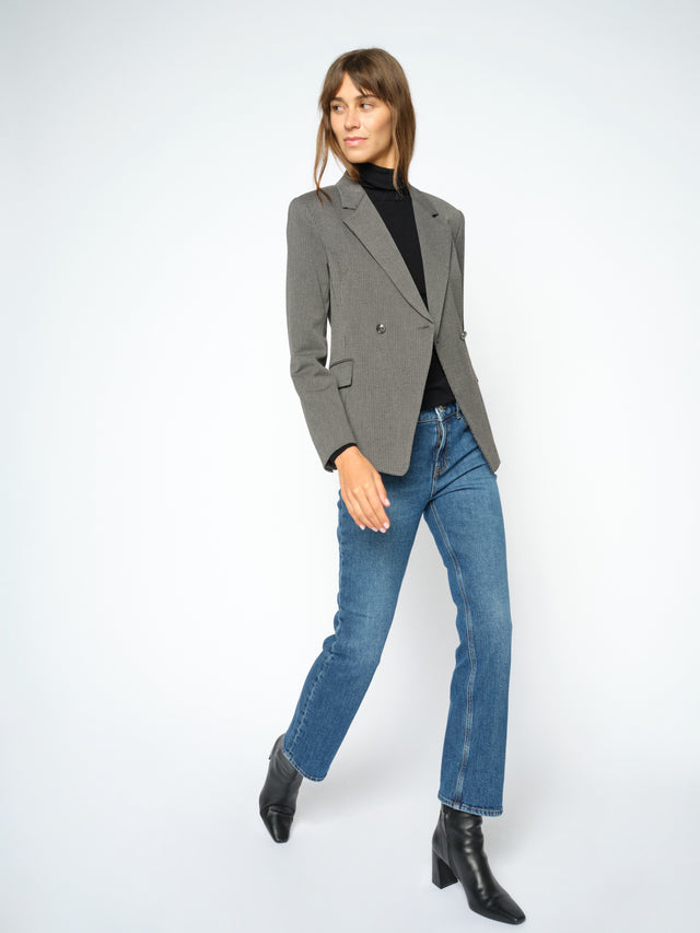 Mos Mosh Bethie Case Blazer in grey houndstooth, double-breasted, styled with blue jeans