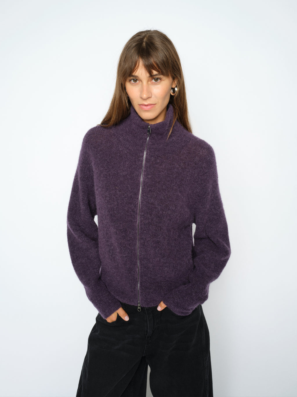Mos Mosh Thora purple zip-up knit cardigan with high collar and long sleeves
