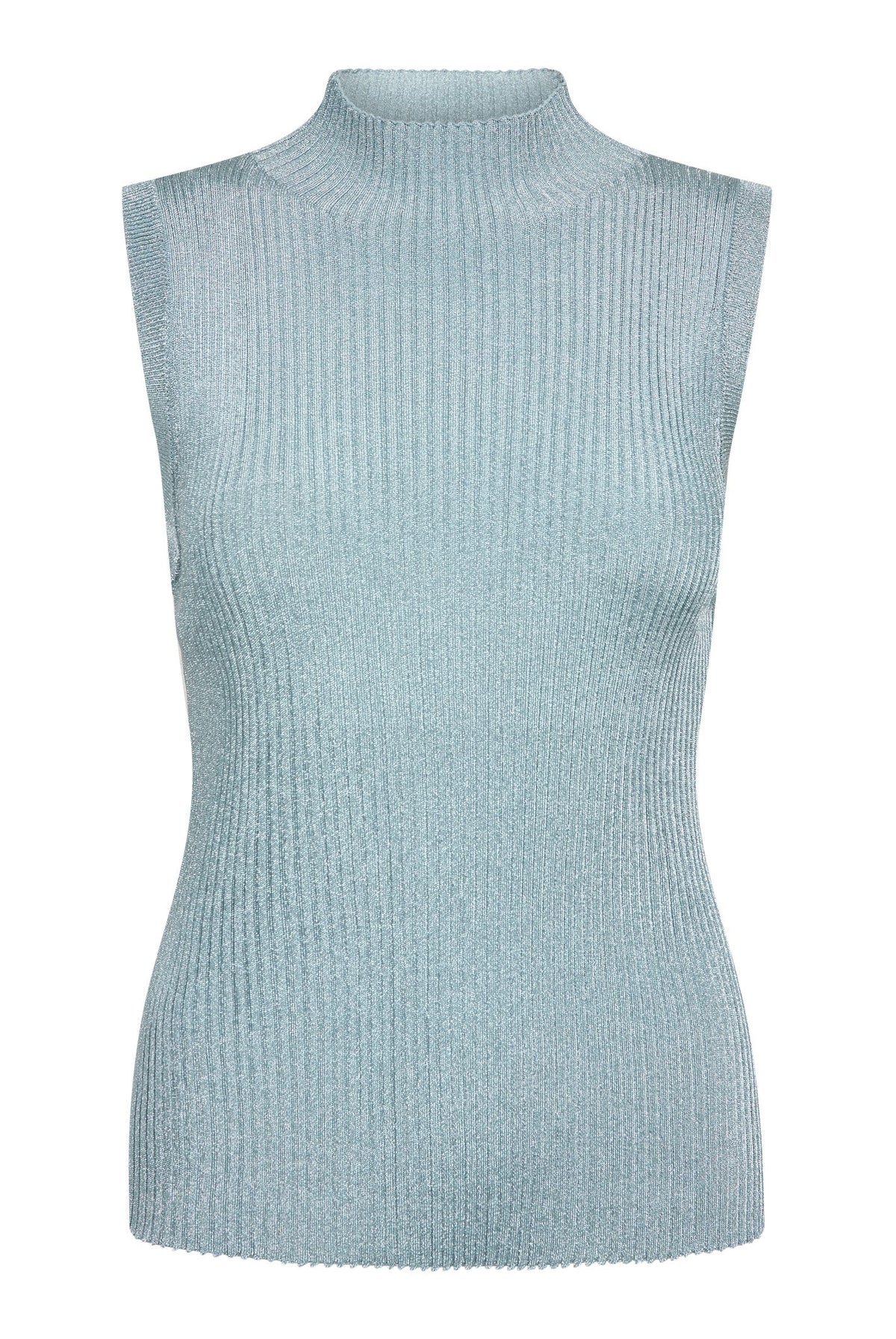 Mos Mosh Imanja sleeveless ribbed knit turtleneck top in light blue metallic lead color