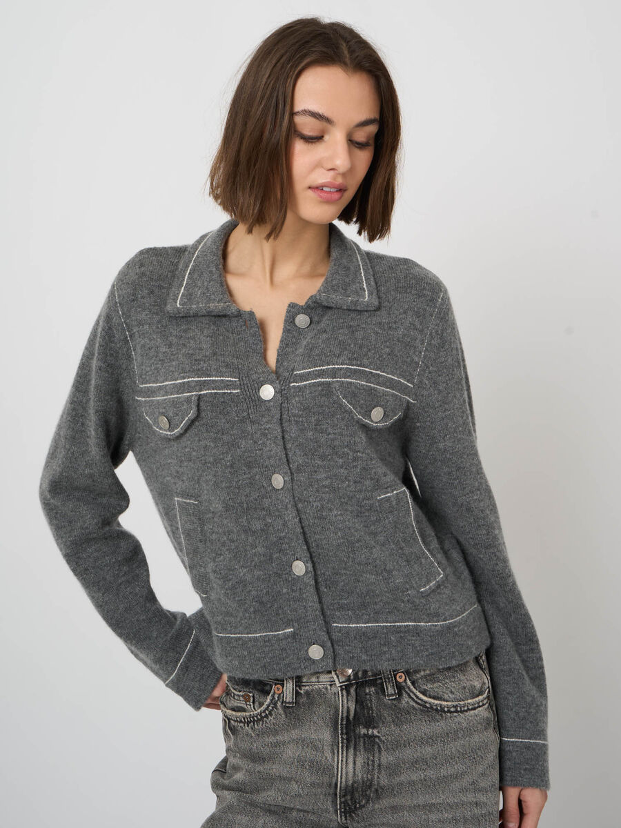 Grey wool cashmere knitted cardigan with white contrast stitching and silver buttons