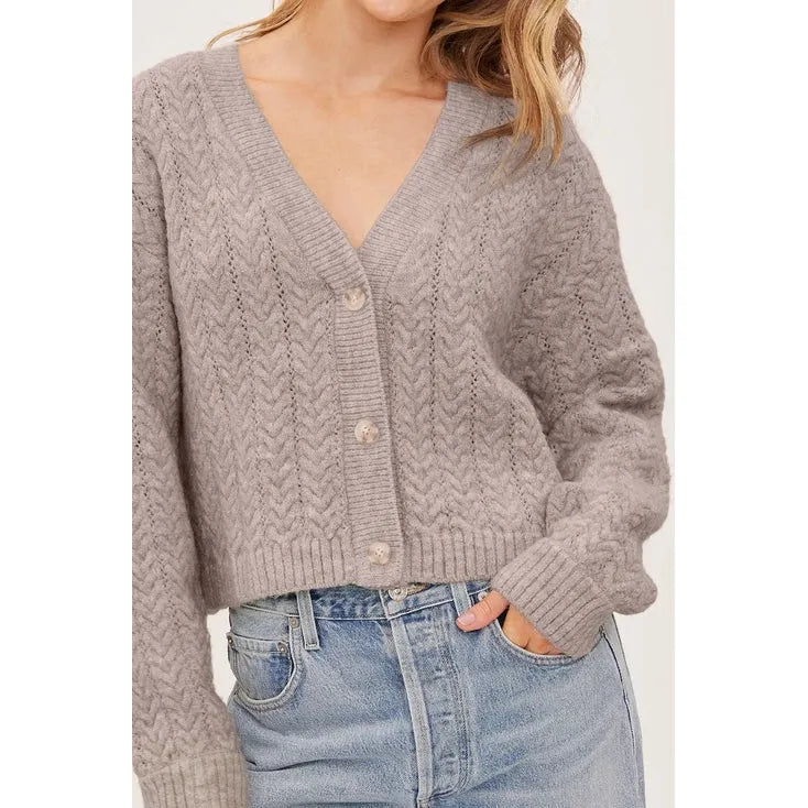 Gentle Fawn Esme taupe cable knit cropped cardigan with V-neck and buttons
