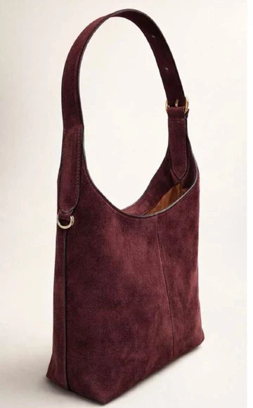 Risa Claude maroon suede shoulder bag with gold buckle strap detail