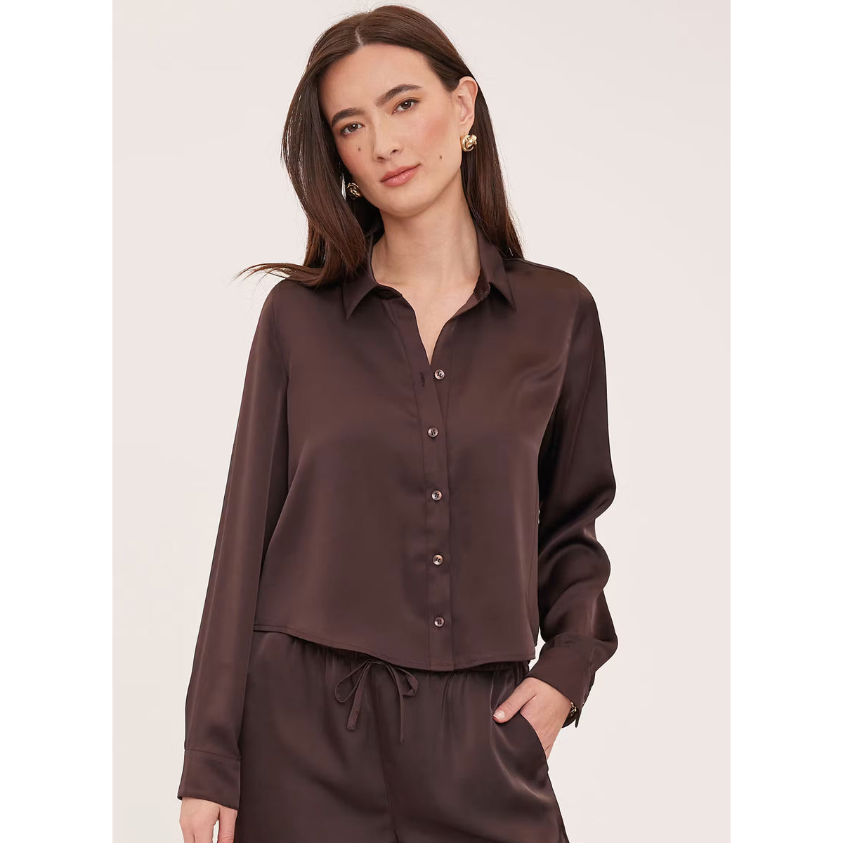 Gentle Fawn Leighton cropped espresso brown satin button-up shirt with long sleeves