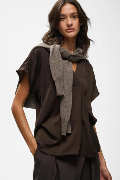 Chocolate brown short-sleeve V-neck top with draped grey knit scarf