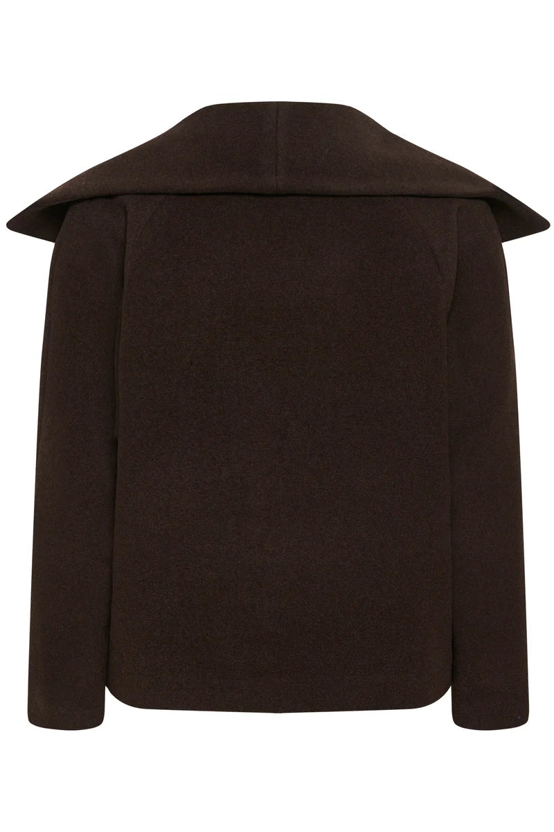 InWear Perry Short Coat in dark brown wool, back view, wide collar, long sleeves