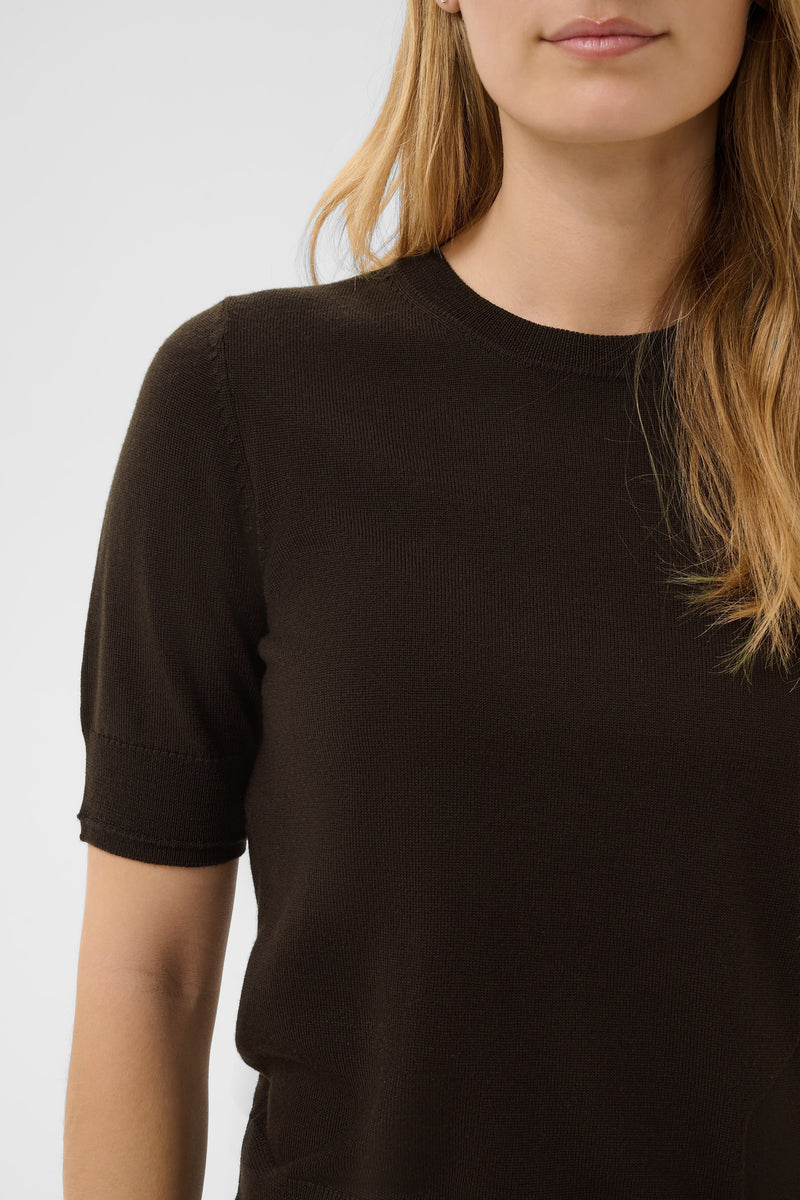 Part Two Natanya dark brown short sleeve fine knit crewneck pullover sweater
