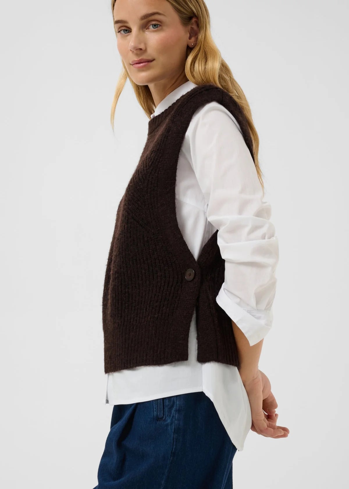 Part Two Charlye dark brown ribbed knit sleeveless waistcoat with side button detail
