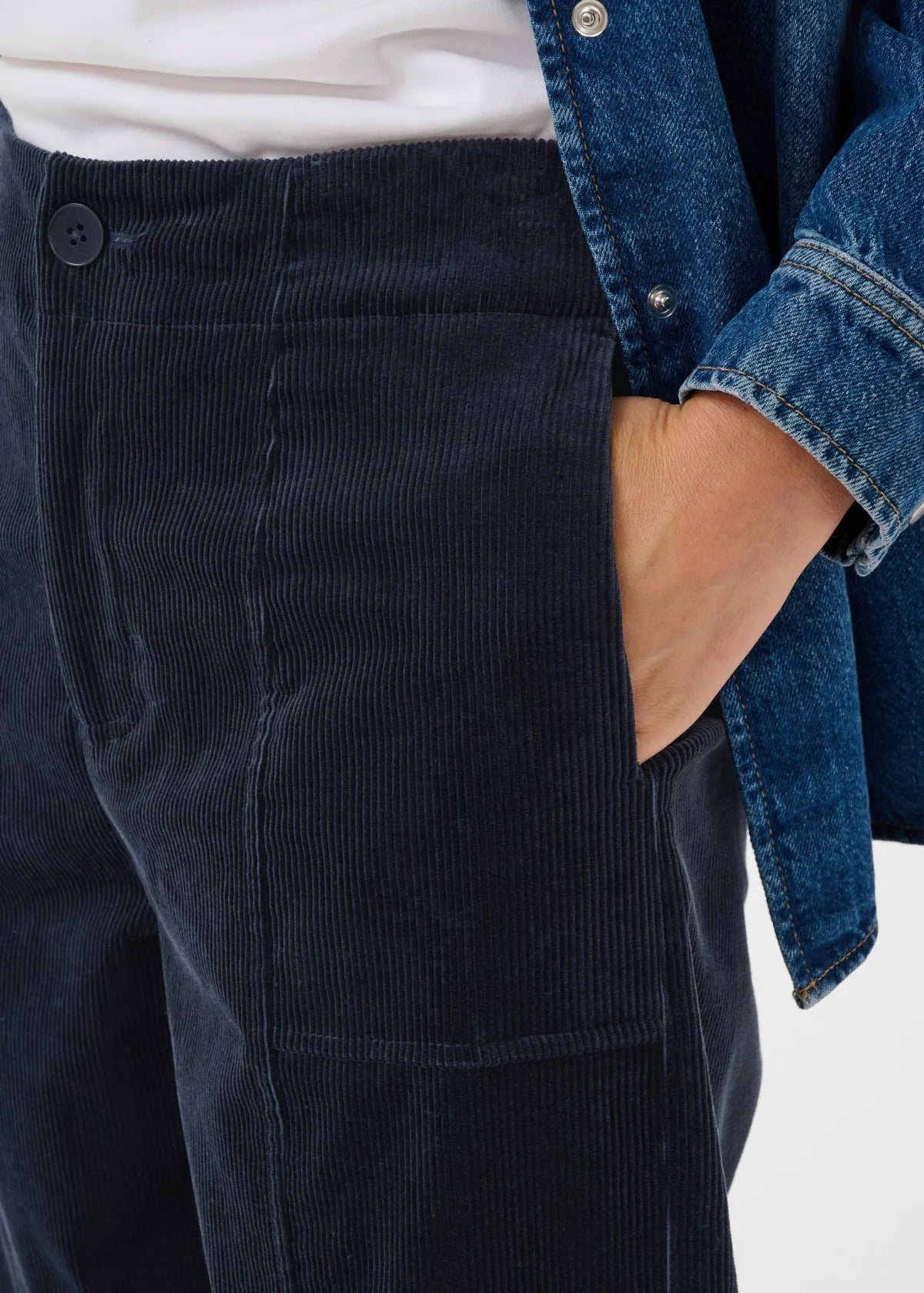 Navy blue corduroy wide-leg pants with patch pocket and button waist detail