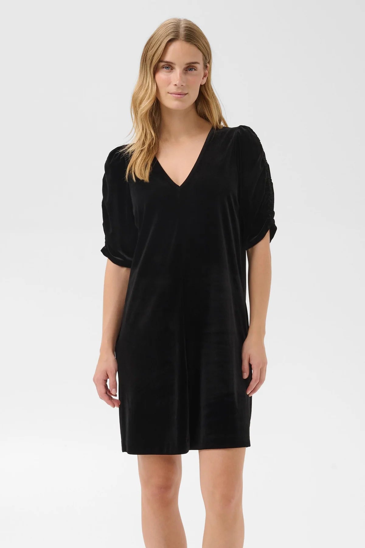 Black velvet V-neck mini dress with gathered short sleeves and straight silhouette