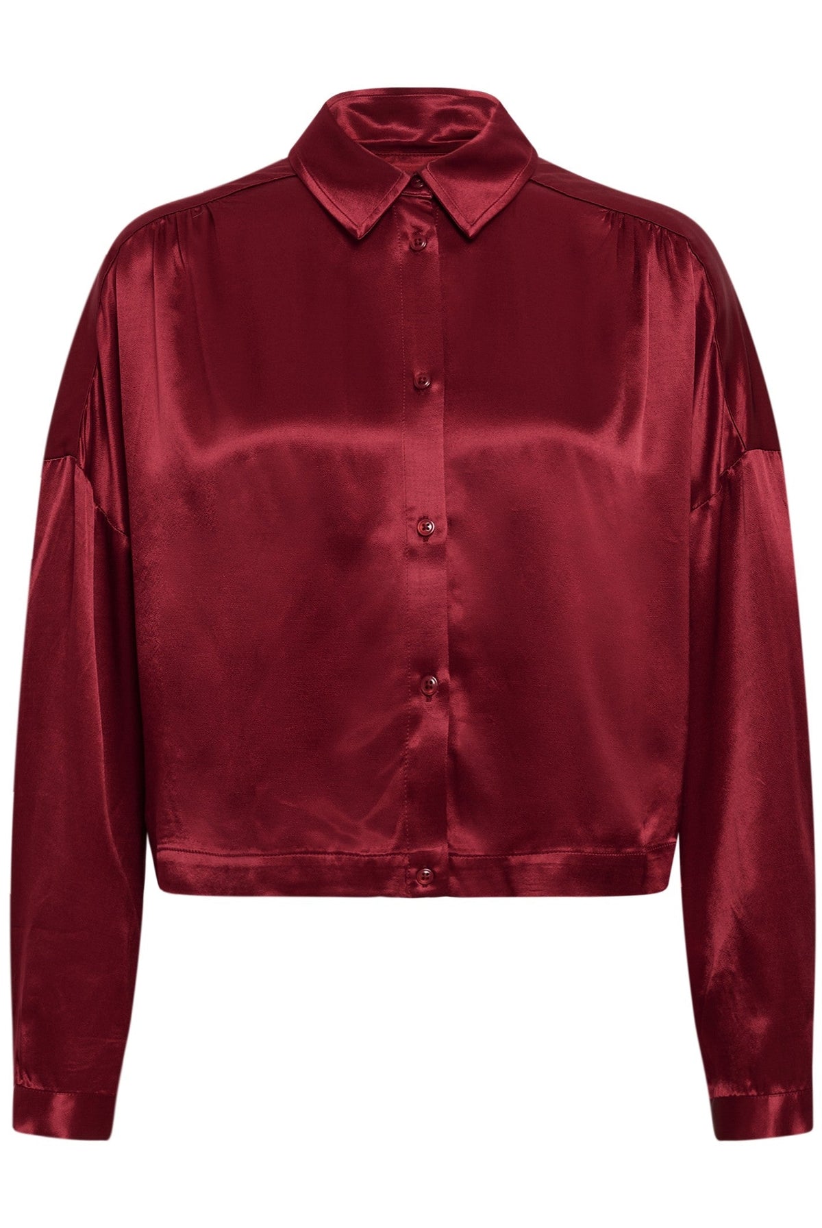 Part Two Dynya Shirt in Biking Red satin fabric, front flat lay view