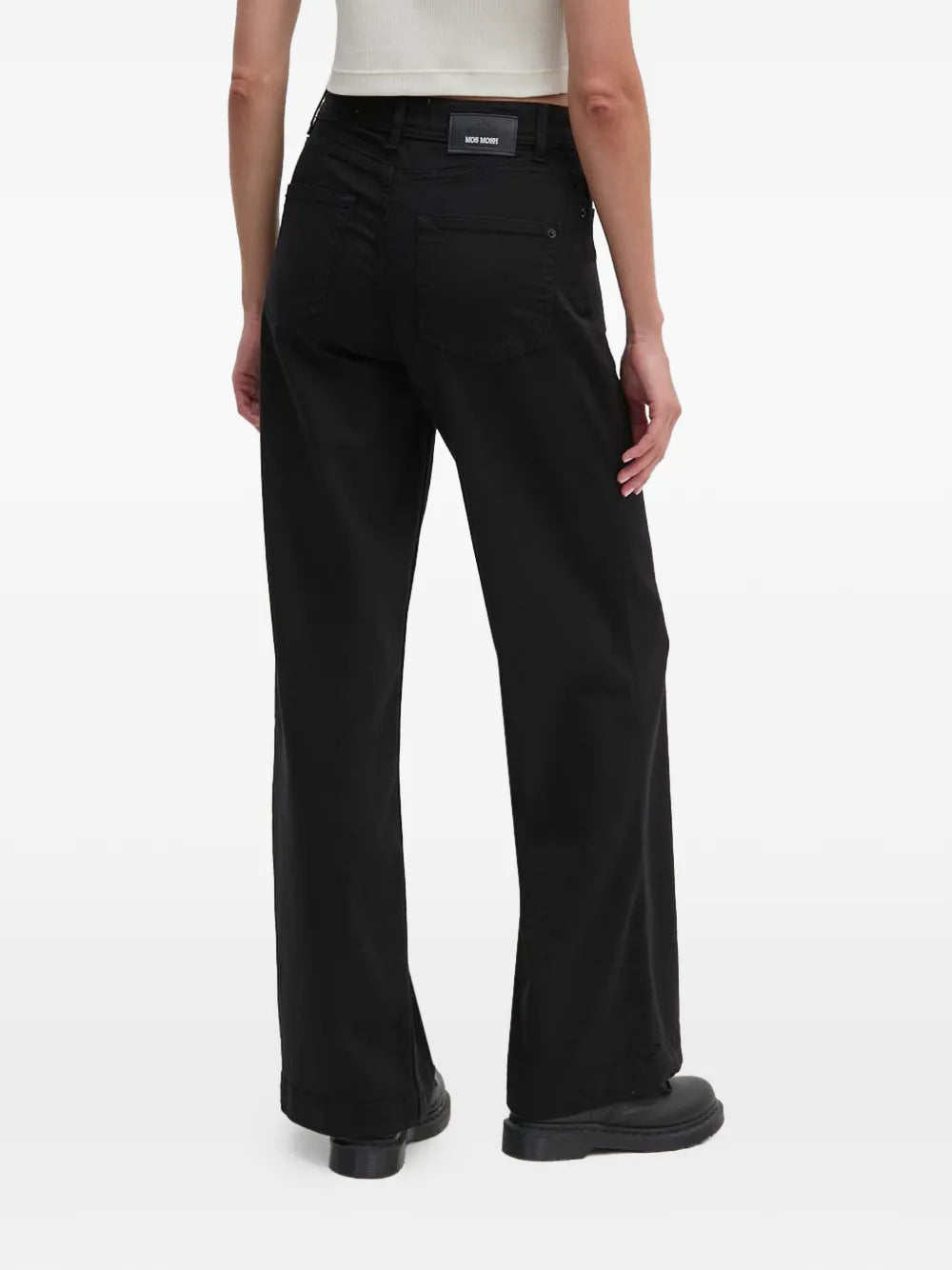 Mos Mosh Dara Deluxe black wide-leg trousers, back view with label detail