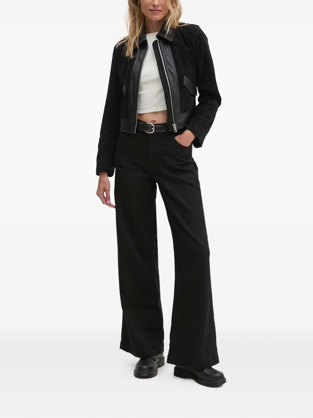Cropped black suede and leather zip-up jacket with collar and front pockets