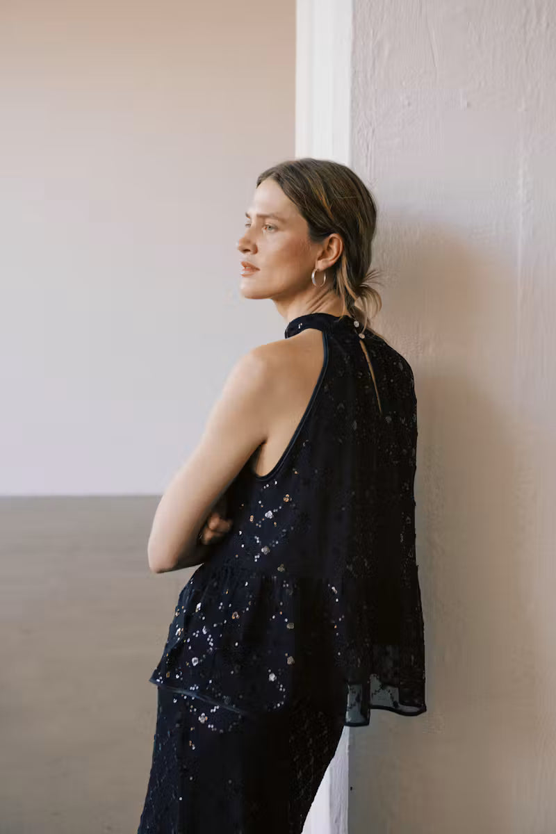Part Two Dirtsa Top in navy sequin halter style with open back and ruffle hem