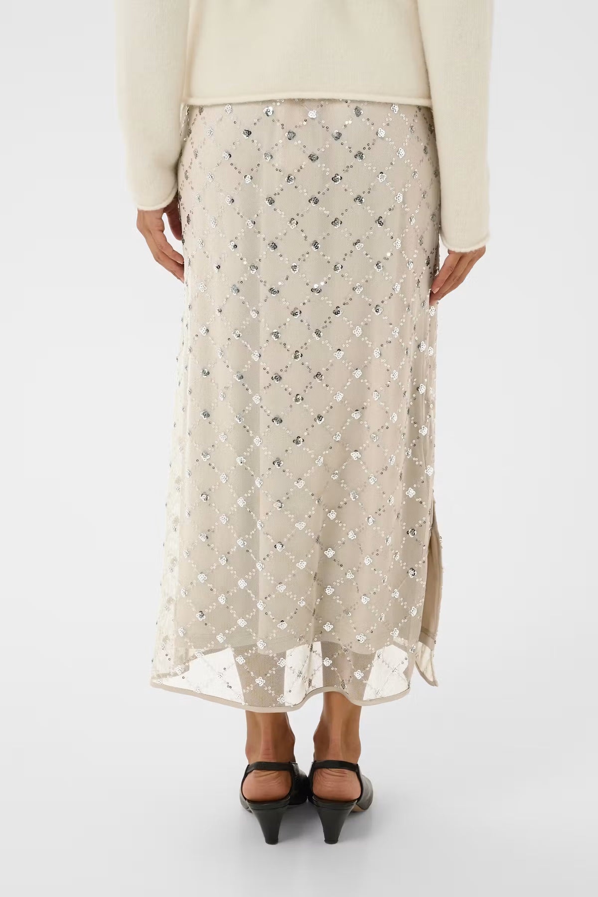 Part Two Vivika midi skirt in beige mesh with silver sequin diamond pattern