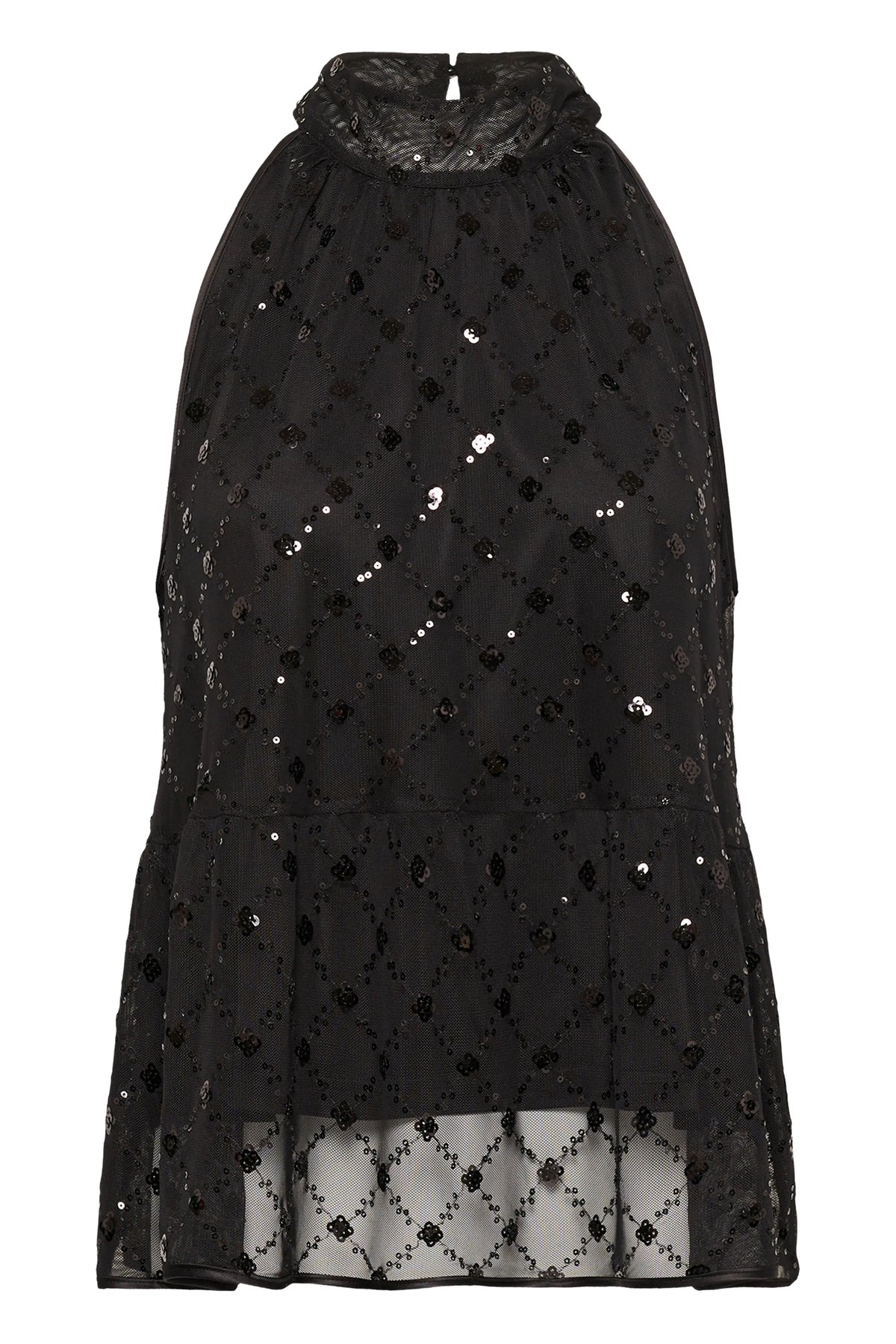 Part Two Dirtsa black sequin sleeveless halterneck top with diamond pattern flat lay