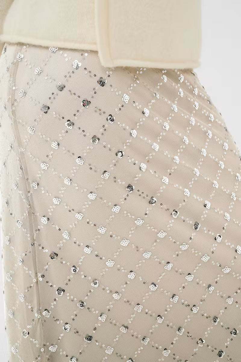Part Two Vivika beige mesh midi skirt with silver sequin floral and dot embellishment