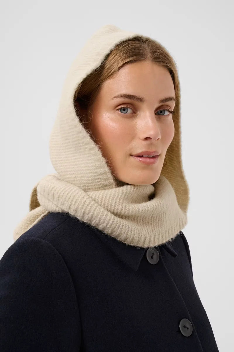 Beige ribbed knit balaclava hood scarf worn over dark navy wool coat