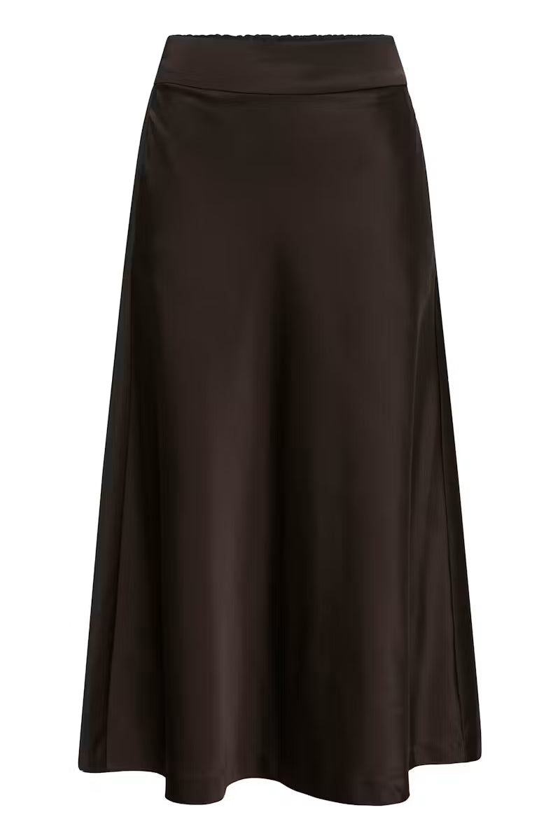 InWear Zilky chocolate brown satin midi skirt with elastic waistband and A-line silhouette