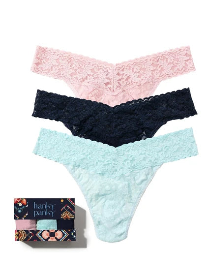 Hanky Panky lace thongs 3-pack in pink, navy, and mint with gift box