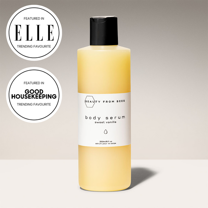 Beauty From Bees sweet vanilla body serum 250ml yellow bottle with black pump cap