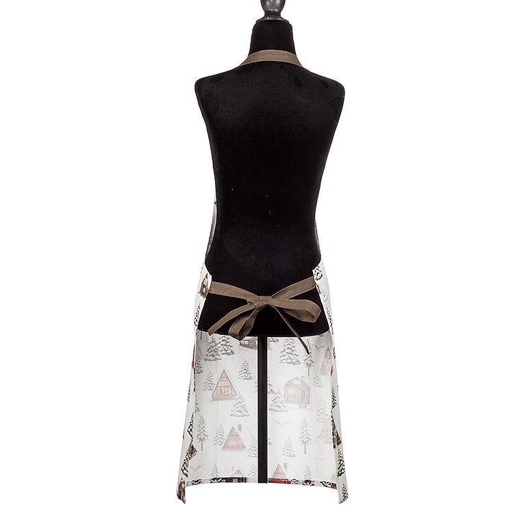 Abbott holiday apron with winter cabin and pine tree print, olive tie back