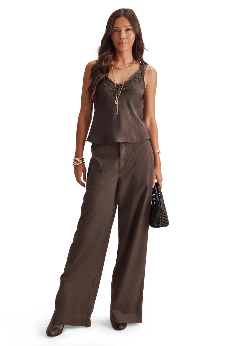 Splendid Penelope dark brown satin cami tank top with lace trim neckline