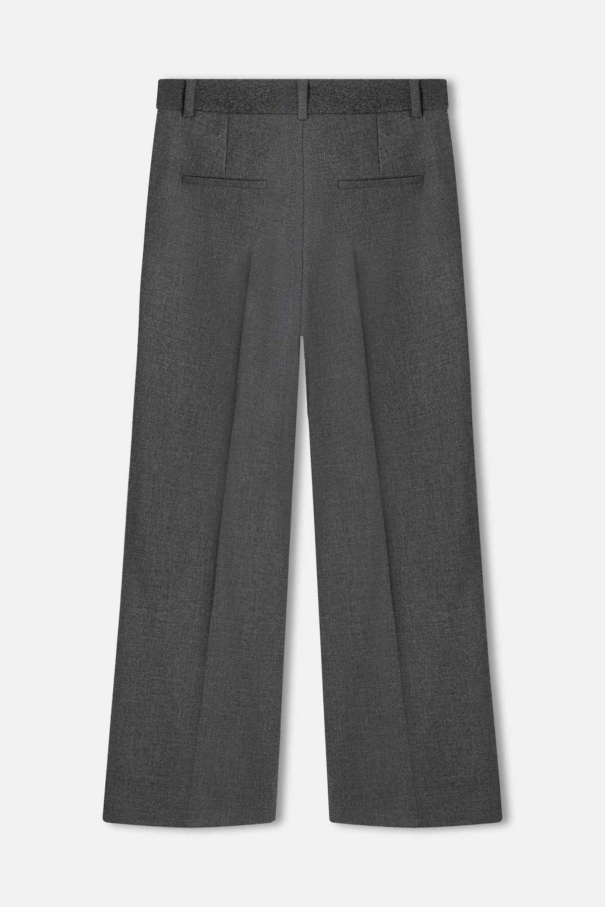 Cambio Amelie wide-leg trousers in asphalt grey, back view showing rear pockets and pressed creases