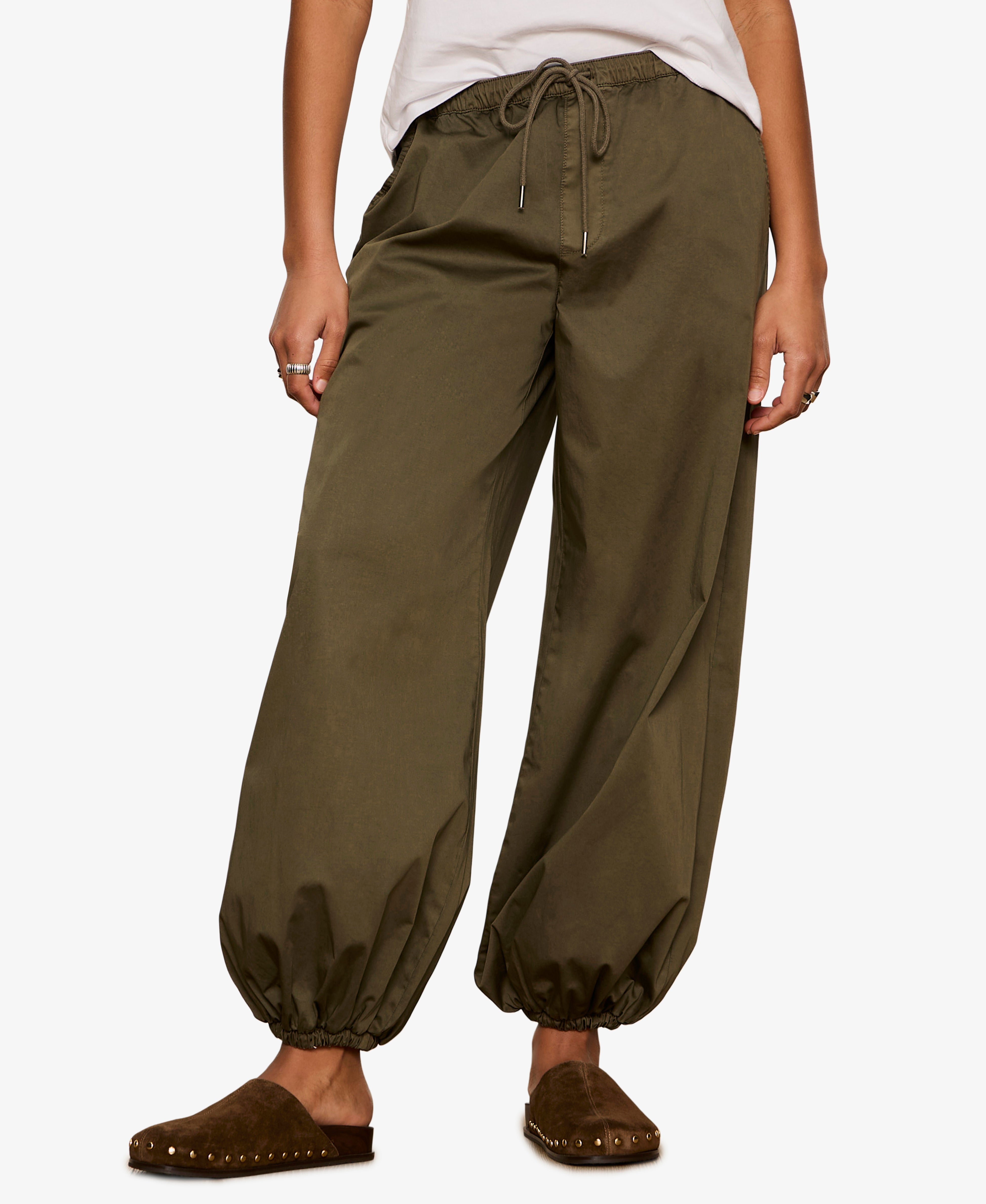 Sanctuary Float On Balloon pants in Kalamata olive green with elastic cuffs and drawstring waist