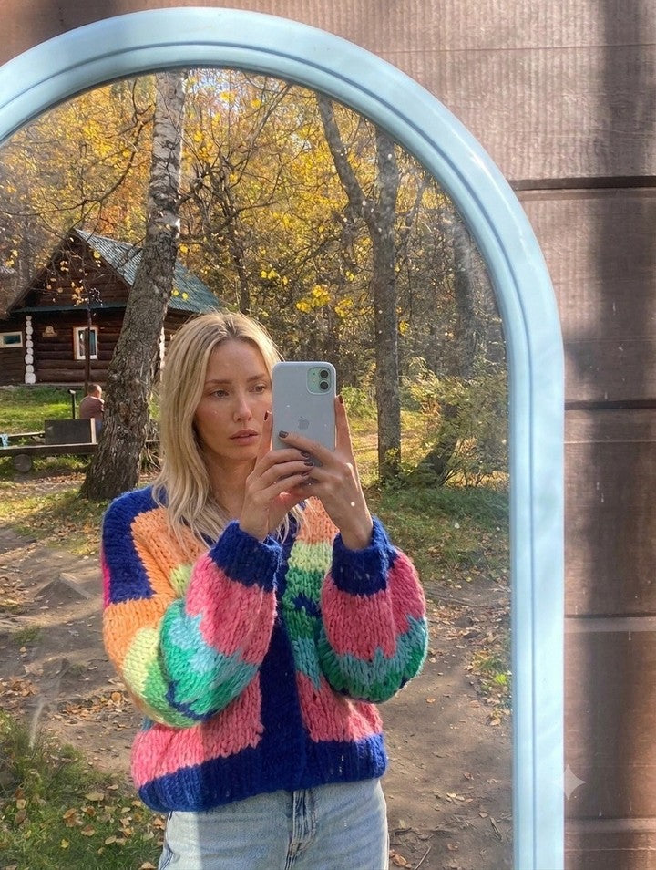 Multicolor striped hand knit cardigan in bold pink, blue, green, and orange