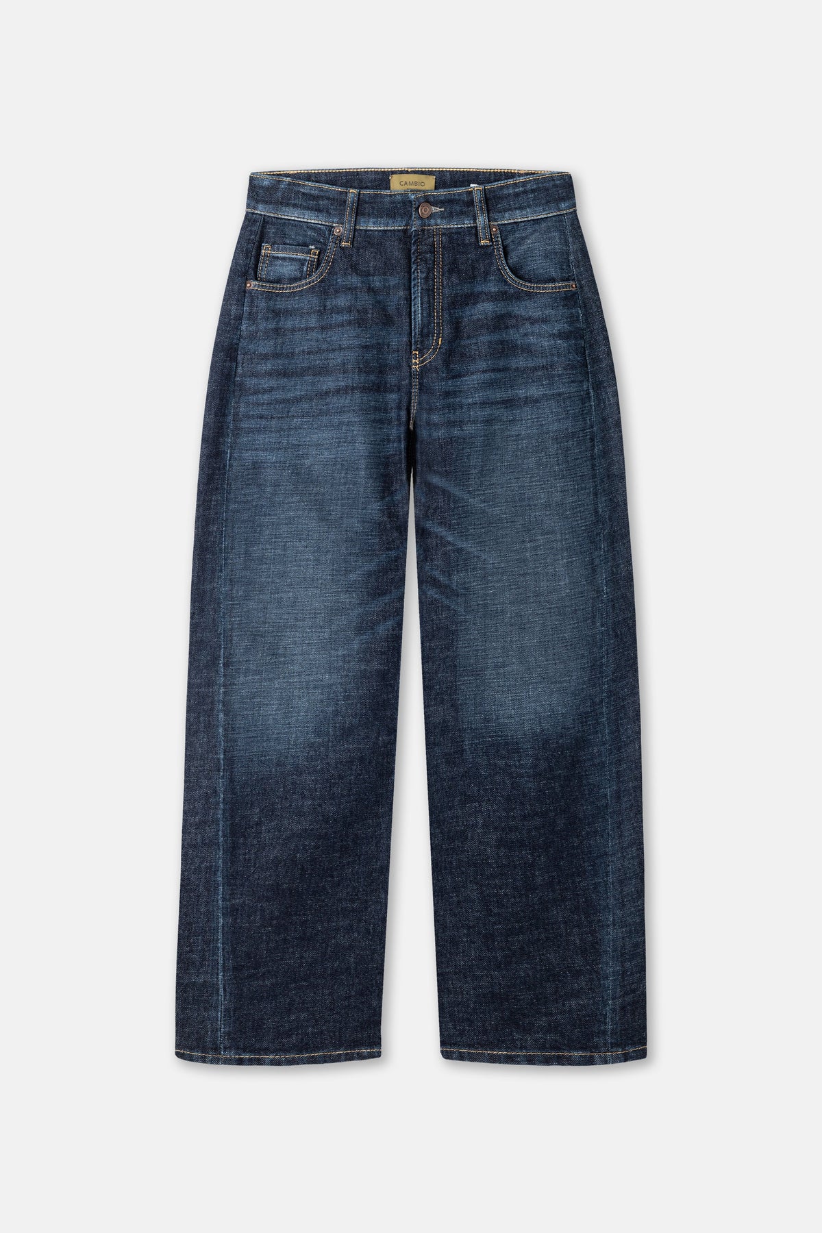 Cambio Oria Cross wide-leg jeans in dark soft tea indigo denim, flat lay front view