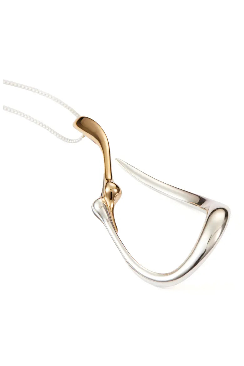 Large silver and gold two-tone abstract egret bird pendant on delicate silver chain