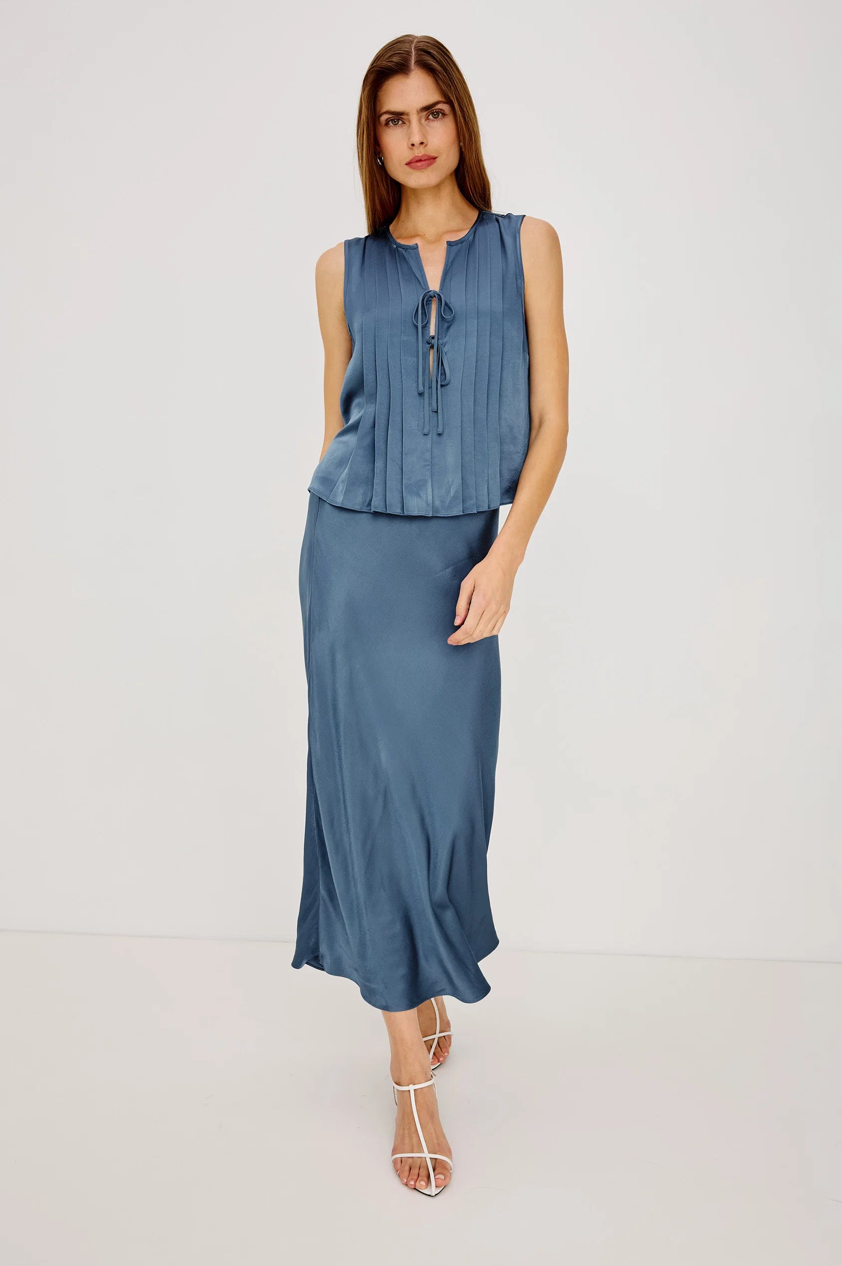 Rails Anya steel blue satin sleeveless pleated top with tie neckline