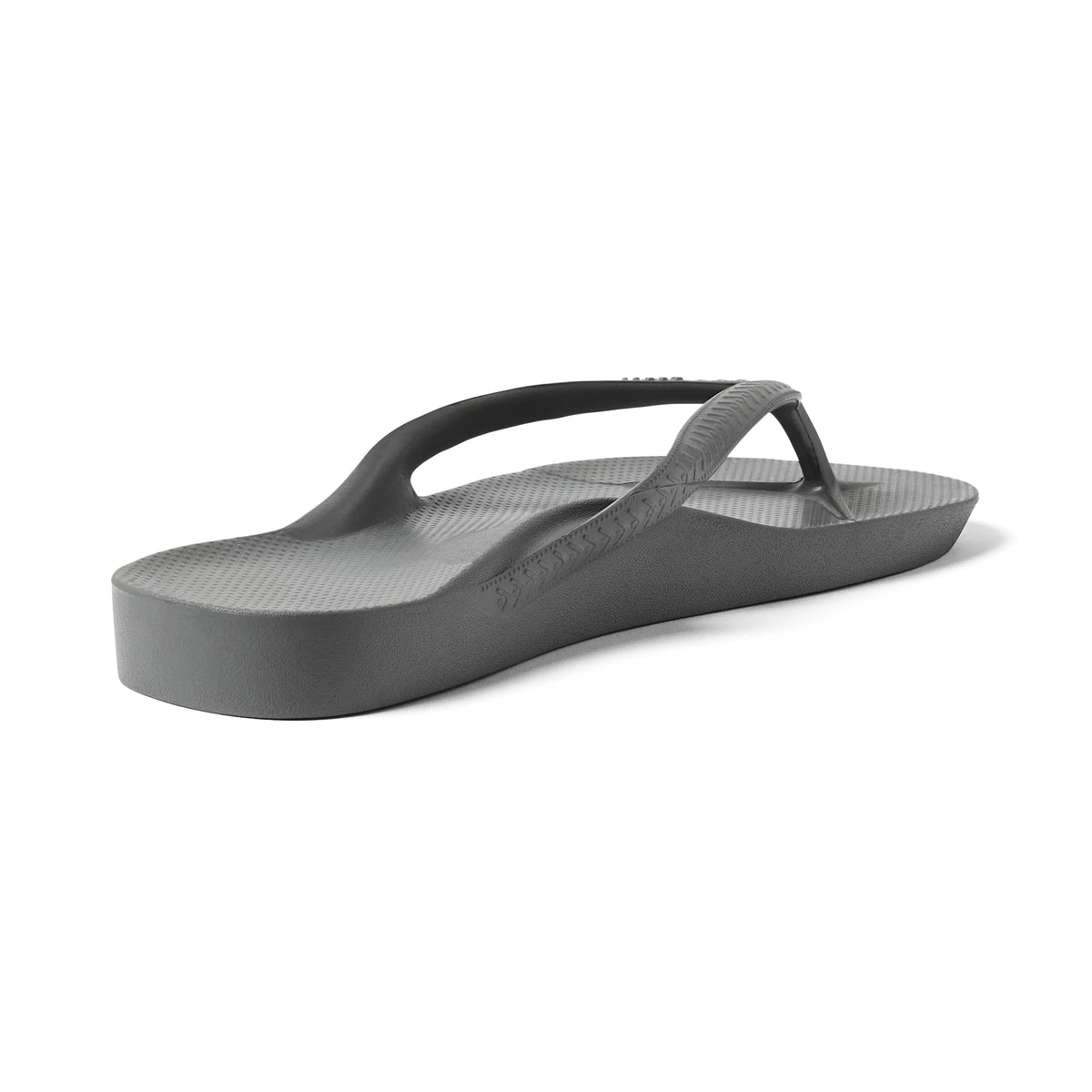 Archies Arch Support Flip Flops in charcoal gray shown from rear angle on white background