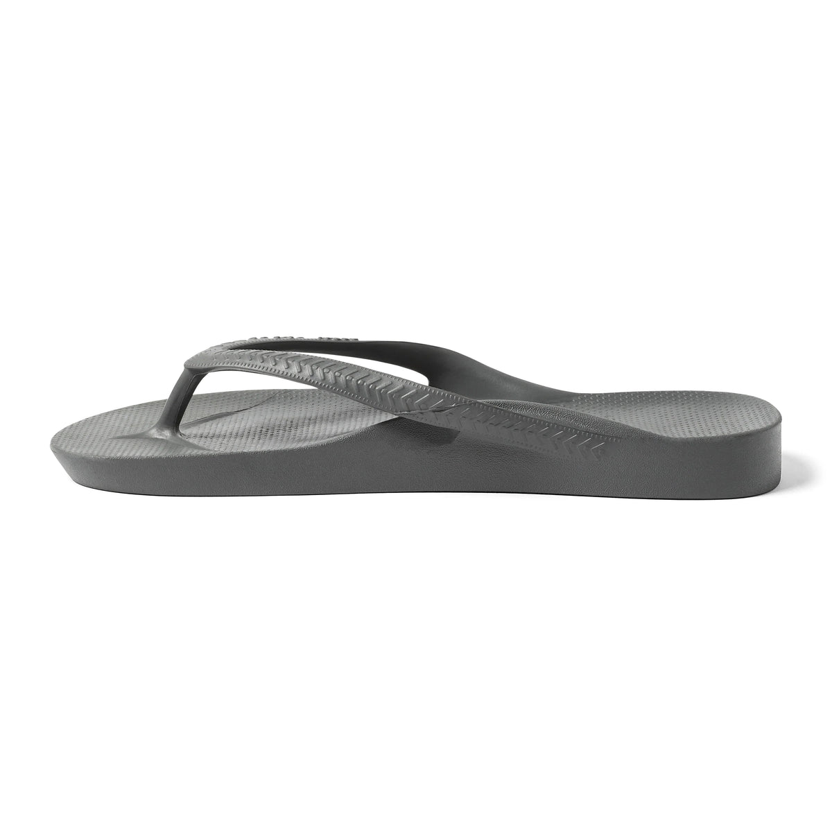 Archies arch support flip flop in charcoal grey, side profile view on white background