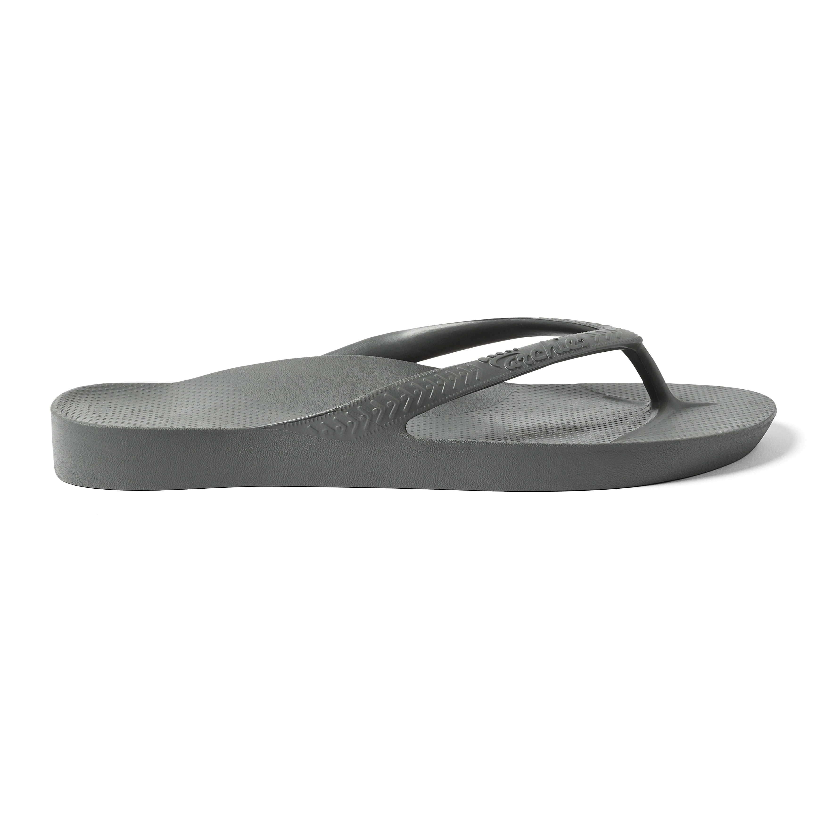 Archies arch support flip flop in charcoal grey shown from the side on white background