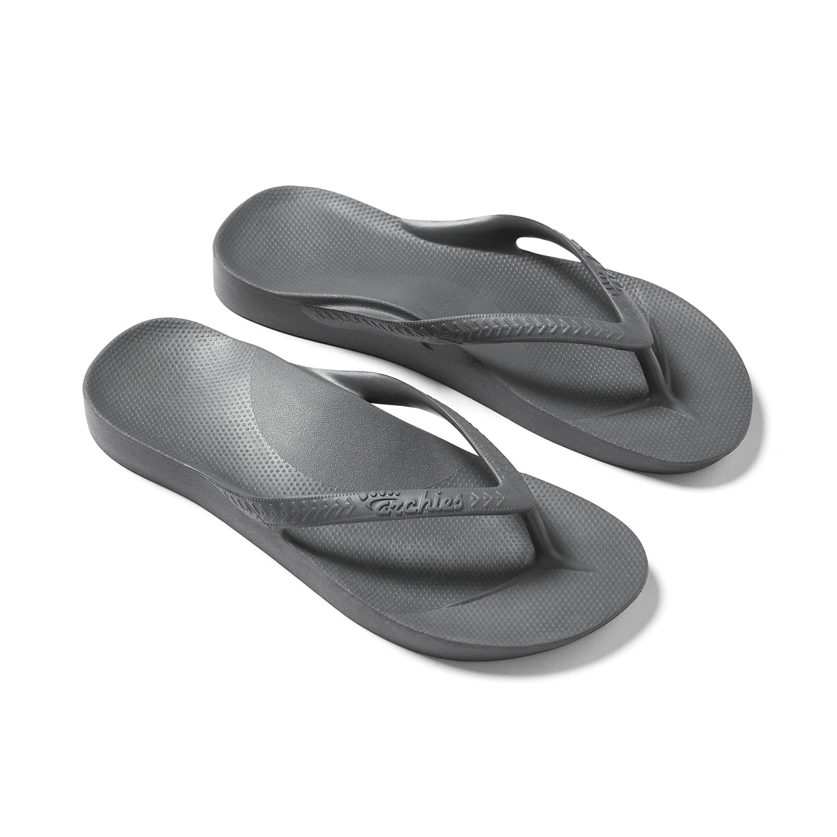 Archies arch support flip flops in charcoal grey, pair shown from above on white background