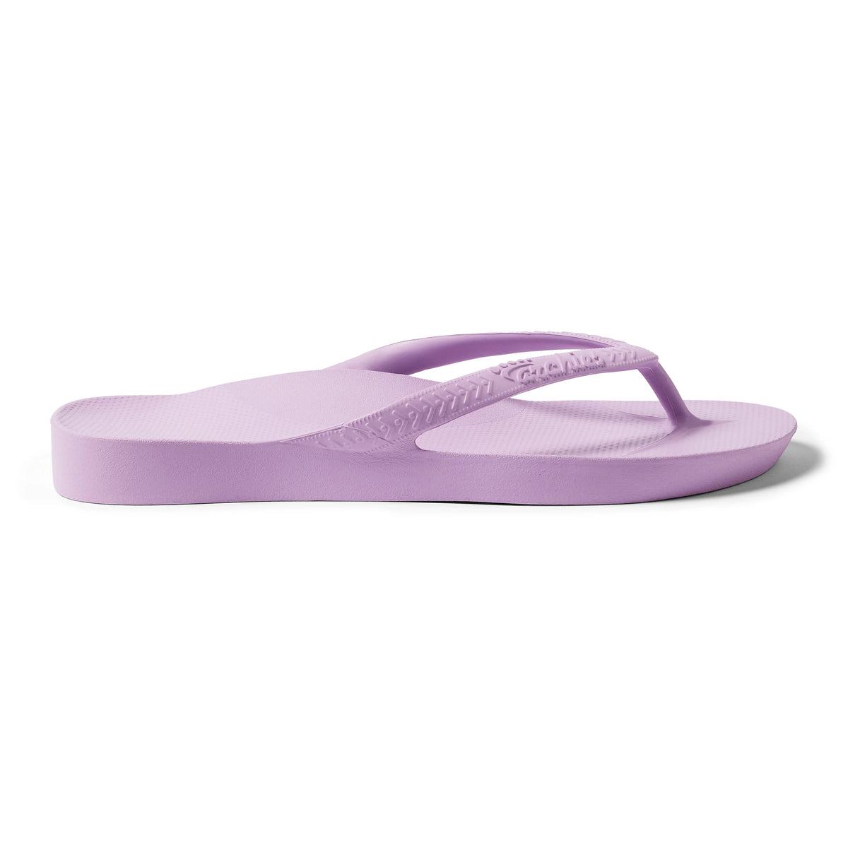 Archies Arch Support Flip Flops in lilac purple, side profile view on white background